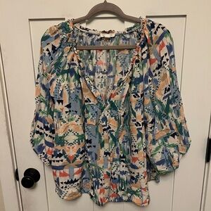 Beach lunch lounge Abstract Print Flowy Blouse Top 3/4 Sleeve V-Neck Size XL